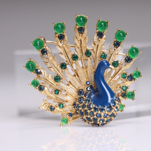 Marcel Boucher Enamel Emerald Green Sapphire Blue Peacock Brooch - Picture 7 of 8